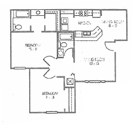 Floor plan for 2 beds, 2 baths, 947 sqft